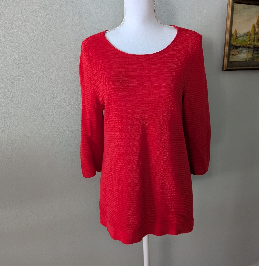 J.Jill Women's Medium Red Ribbed Knit Pullover Sweater Blouse 3/4 Sleeve 150